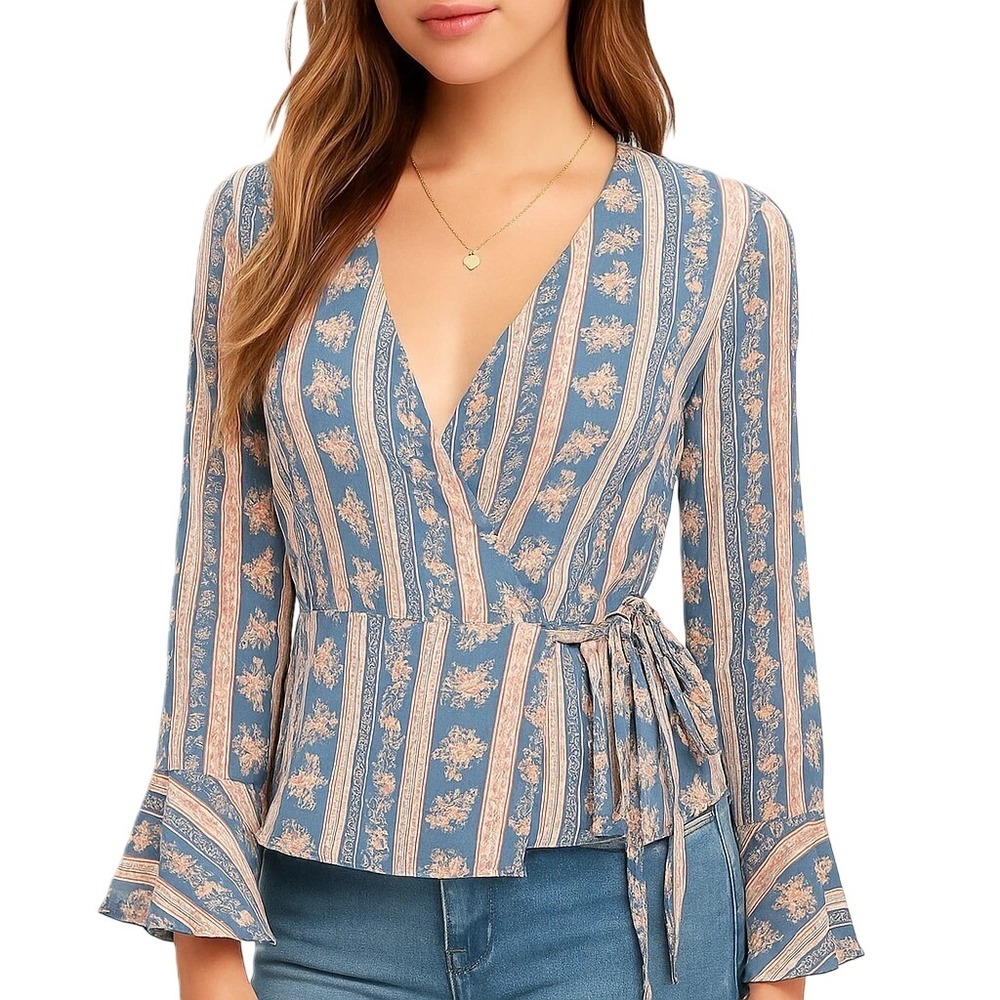 Lulus Womens XS‎ Blue Pink Floral Stripe Wrap Blouse Tie Waist Long Sleeve NWT